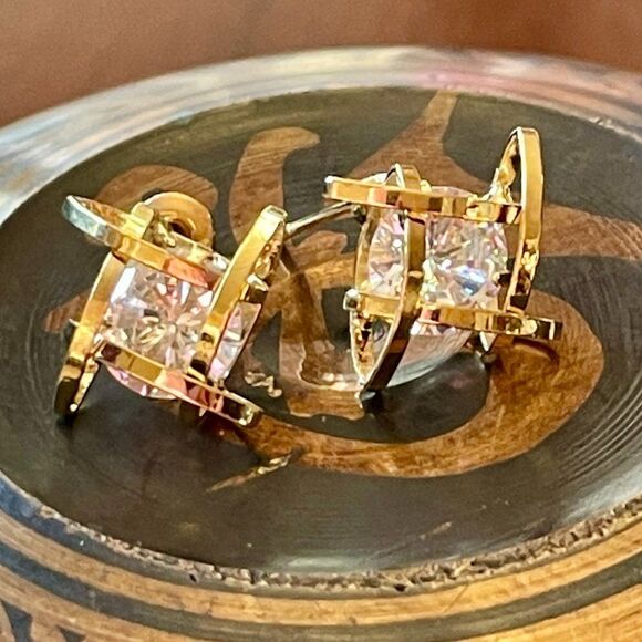 CZ and Gold Tone Stud Earrings #406 - Picture 1 of 5